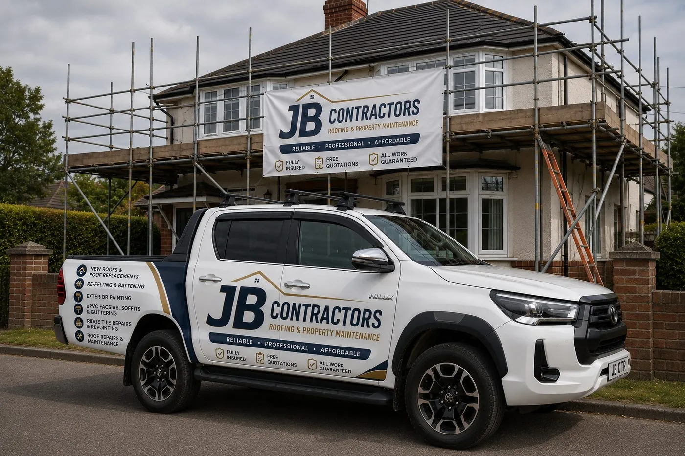 Polperro Roofing pickup truck on site at a scaffolded roofing job in Polperro